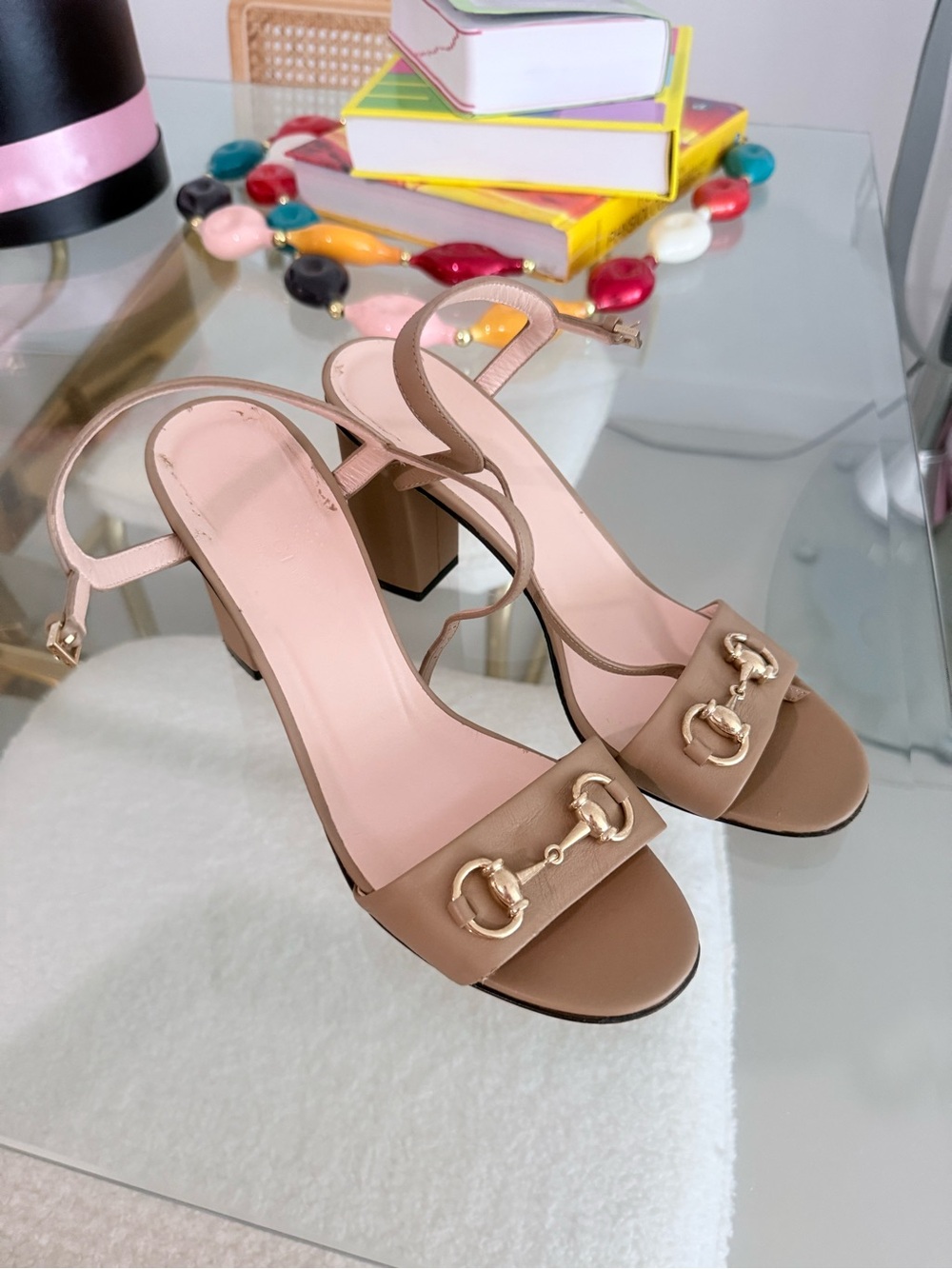 Gucci Horsebit Beige Block Heel Sandals with Gold